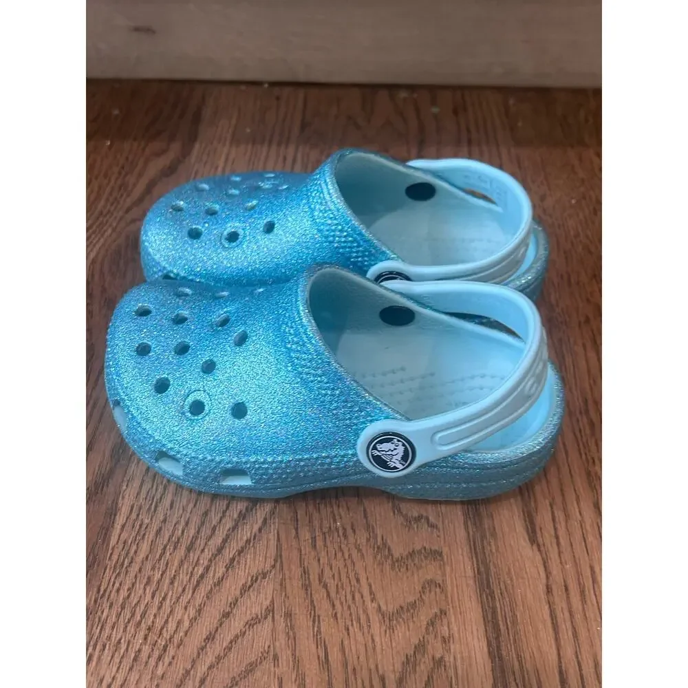 Crocs Classic Glitter Clog Ice Blue Sparkle Shoes Toddler Kids Size C8 Slip On